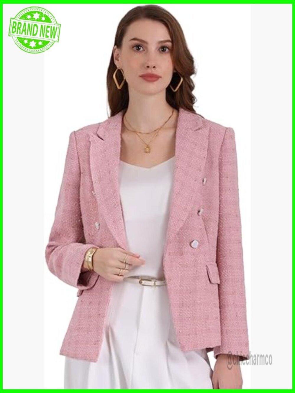 Women's Business Casual Tweed Blazer Double Breasted Notched Lapel Suit Jacket
